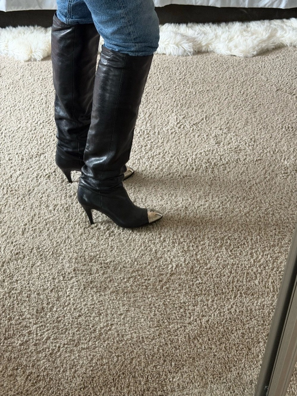 Chanel, vintage Black Leather Pull On with Silver Logo Cap Toe Boots, size 40